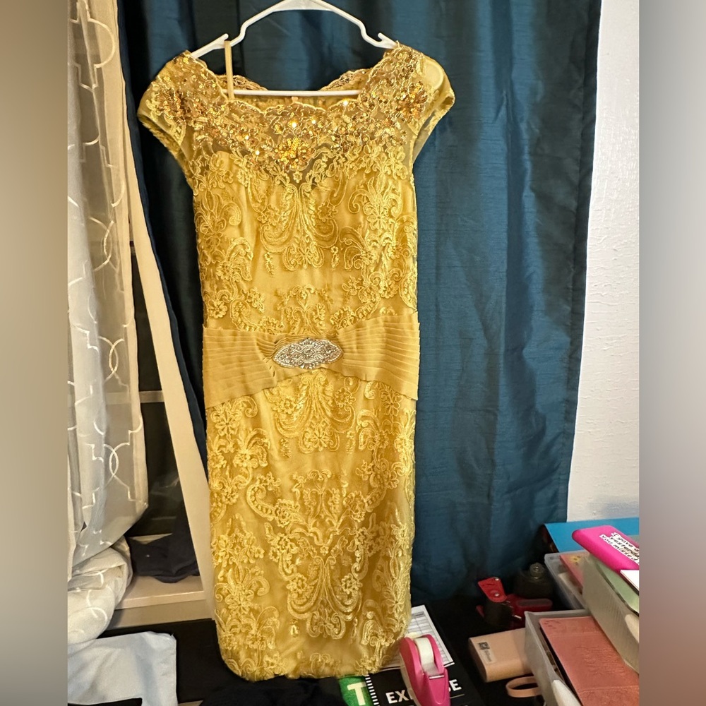 Gold Lace Embroidered Dress with Sequins and Waist Rhinestone Detail - Picture 1 of 6